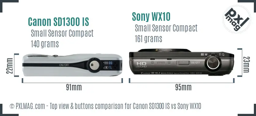 Canon SD1300 IS vs Sony WX10 top view buttons comparison