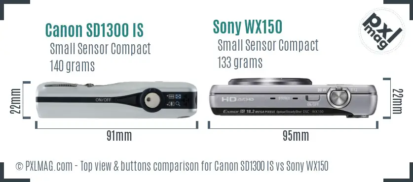 Canon SD1300 IS vs Sony WX150 top view buttons comparison
