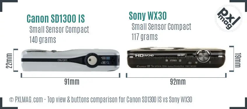 Canon SD1300 IS vs Sony WX30 top view buttons comparison Canon SD1300 IS vs Sony WX30 top view buttons comparison
