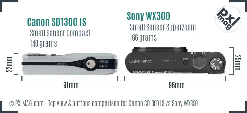 Canon SD1300 IS vs Sony WX300 top view buttons comparison Canon SD1300 IS vs Sony WX300 top view buttons comparison