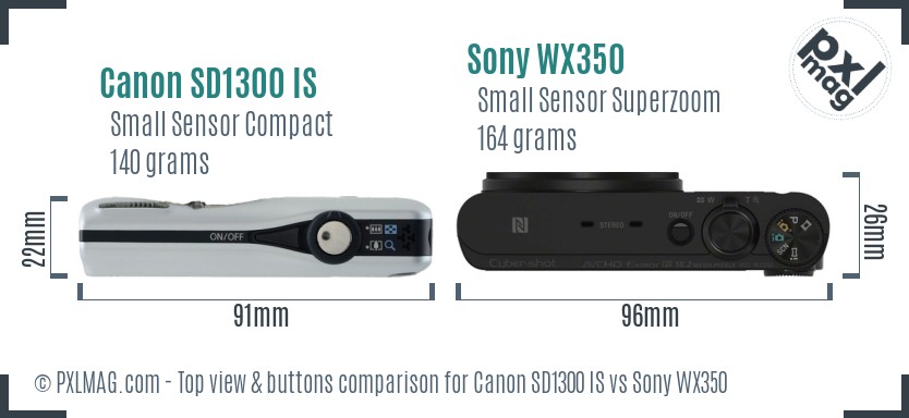 Canon SD1300 IS vs Sony WX350 top view buttons comparison