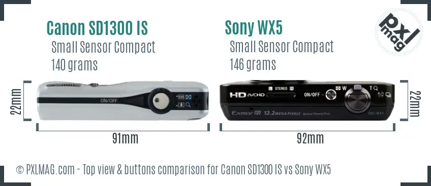 Canon SD1300 IS vs Sony WX5 top view buttons comparison
