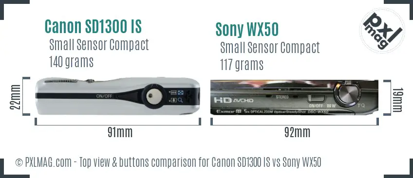 Canon SD1300 IS vs Sony WX50 top view buttons comparison