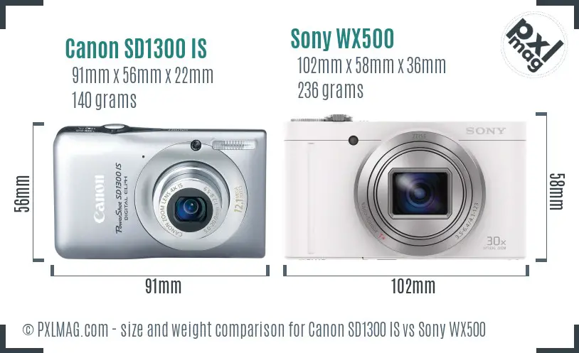 Canon SD1300 IS vs Sony WX500 size comparison