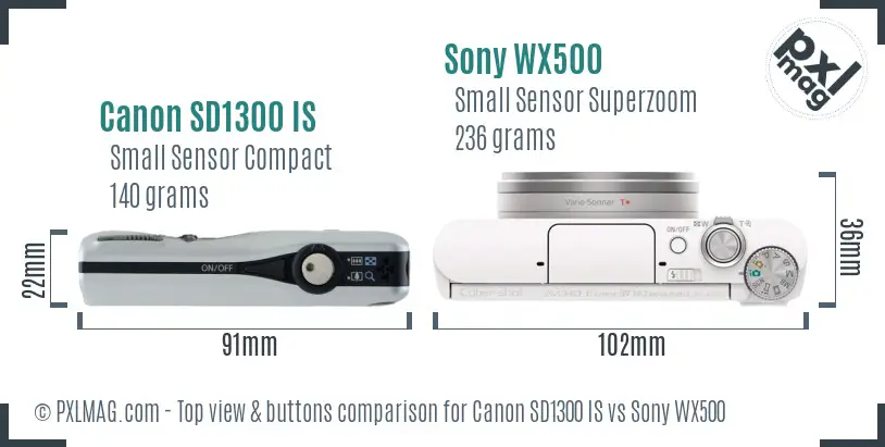 Canon SD1300 IS vs Sony WX500 top view buttons comparison