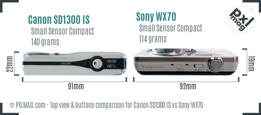 Canon SD1300 IS vs Sony WX70 top view buttons comparison