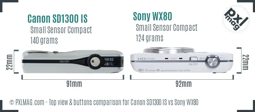 Canon SD1300 IS vs Sony WX80 top view buttons comparison
