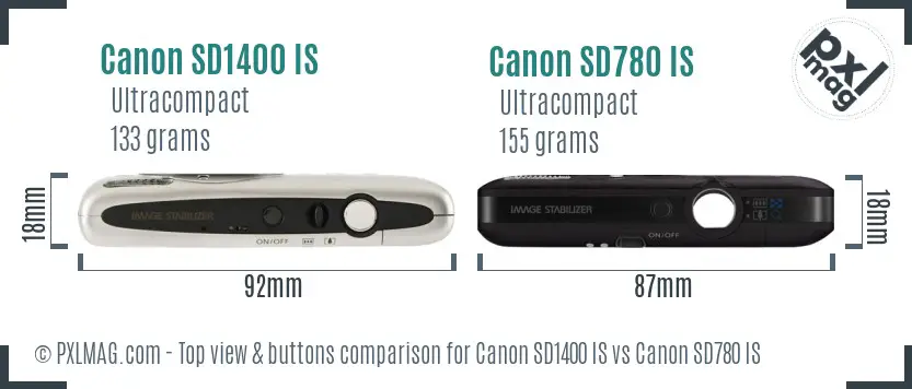 Canon SD1400 IS vs Canon SD780 IS top view buttons comparison