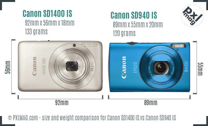 Canon SD1400 IS vs Canon SD940 IS size comparison