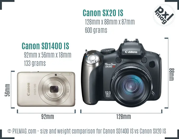 Canon SD1400 IS vs Canon SX20 IS size comparison