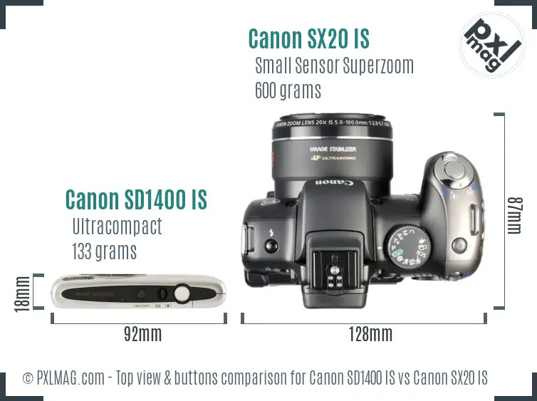 Canon SD1400 IS vs Canon SX20 IS top view buttons comparison