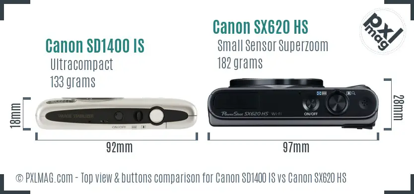 Canon SD1400 IS vs Canon SX620 HS top view buttons comparison