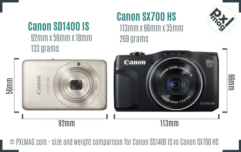 Canon SD1400 IS vs Canon SX700 HS size comparison