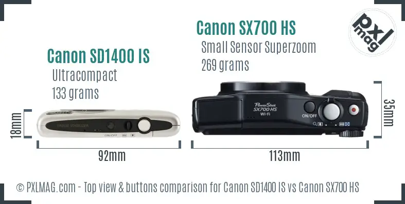 Canon SD1400 IS vs Canon SX700 HS top view buttons comparison