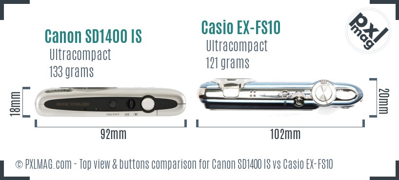 Canon SD1400 IS vs Casio EX-FS10 top view buttons comparison