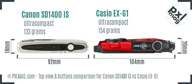 Canon SD1400 IS vs Casio EX-G1 top view buttons comparison