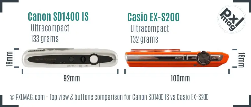 Canon SD1400 IS vs Casio EX-S200 top view buttons comparison