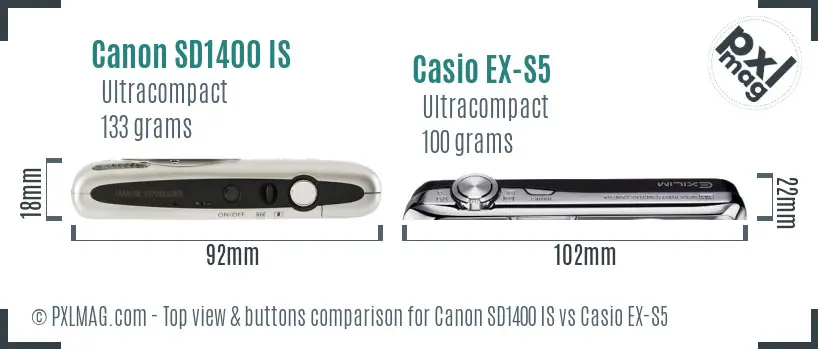 Canon SD1400 IS vs Casio EX-S5 top view buttons comparison