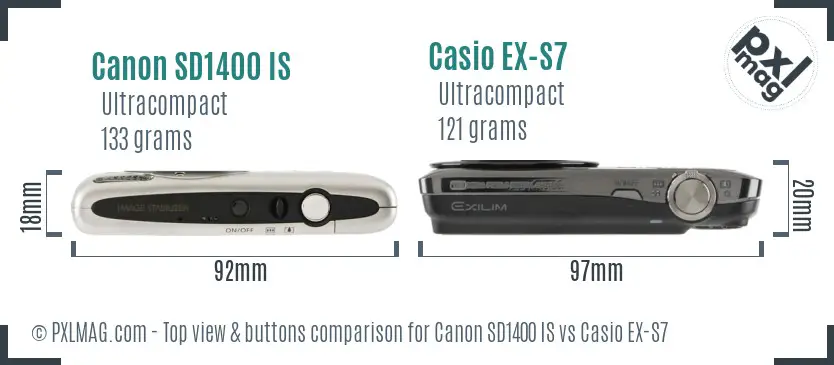 Canon SD1400 IS vs Casio EX-S7 top view buttons comparison
