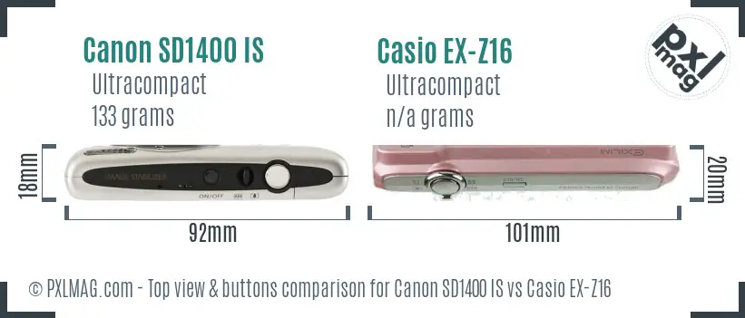 Canon SD1400 IS vs Casio EX-Z16 top view buttons comparison Canon SD1400 IS vs Casio EX-Z16 top view buttons comparison