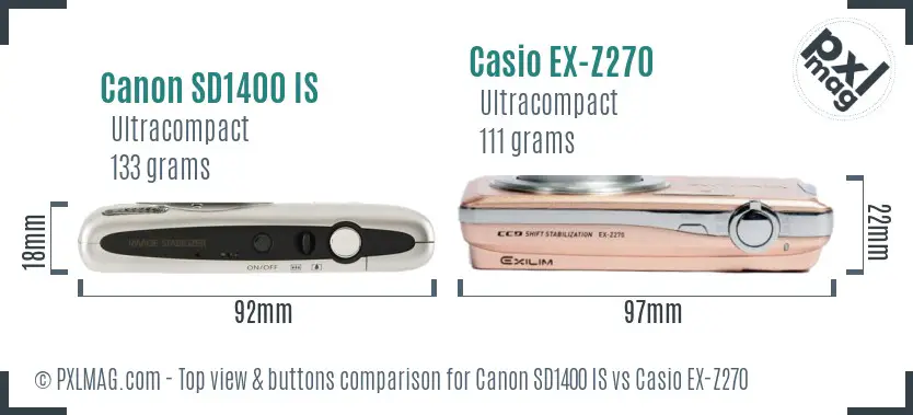 Canon SD1400 IS vs Casio EX-Z270 top view buttons comparison
