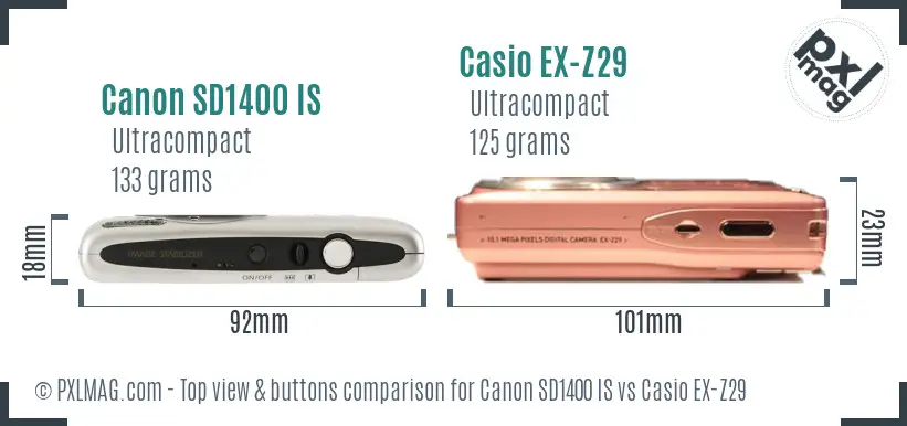 Canon SD1400 IS vs Casio EX-Z29 top view buttons comparison Canon SD1400 IS vs Casio EX-Z29 top view buttons comparison