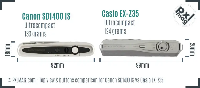 Canon SD1400 IS vs Casio EX-Z35 top view buttons comparison