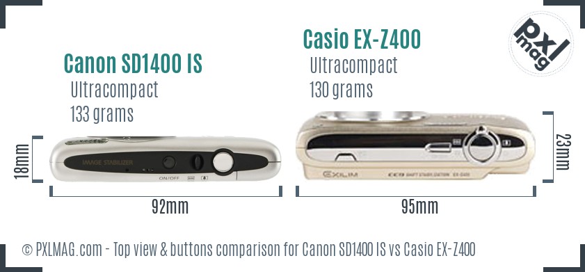 Canon SD1400 IS vs Casio EX-Z400 top view buttons comparison