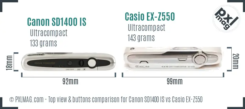 Canon SD1400 IS vs Casio EX-Z550 top view buttons comparison