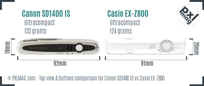 Canon SD1400 IS vs Casio EX-Z800 top view buttons comparison