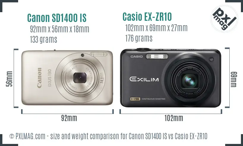 Canon SD1400 IS vs Casio EX-ZR10 size comparison