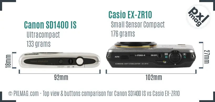 Canon SD1400 IS vs Casio EX-ZR10 top view buttons comparison