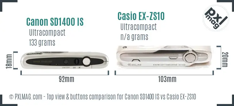 Canon SD1400 IS vs Casio EX-ZS10 top view buttons comparison