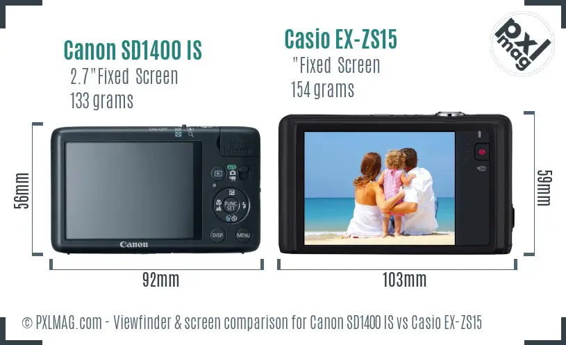 Canon SD1400 IS vs Casio EX-ZS15 Screen and Viewfinder comparison