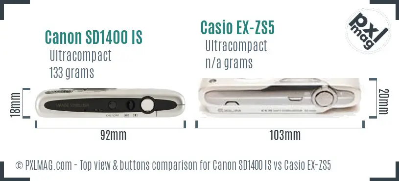 Canon SD1400 IS vs Casio EX-ZS5 top view buttons comparison