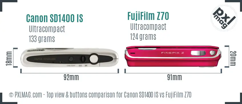 Canon SD1400 IS vs FujiFilm Z70 top view buttons comparison