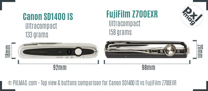 Canon SD1400 IS vs FujiFilm Z700EXR top view buttons comparison