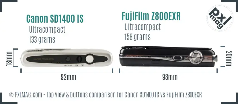 Canon SD1400 IS vs FujiFilm Z800EXR top view buttons comparison