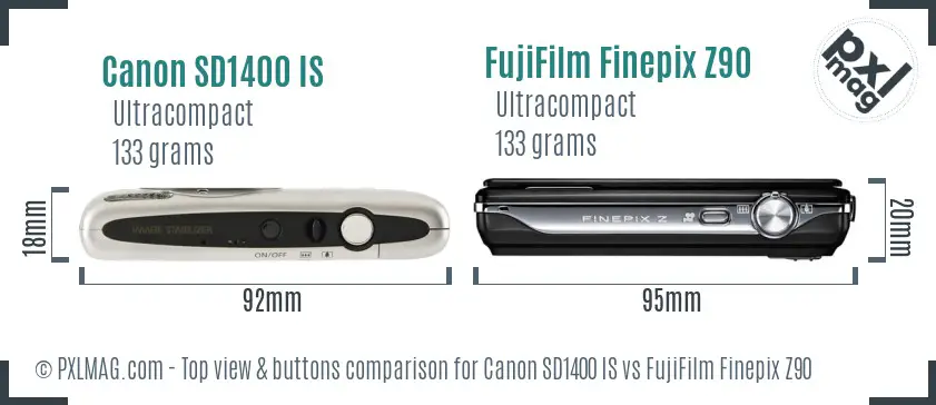 Canon SD1400 IS vs FujiFilm Finepix Z90 top view buttons comparison