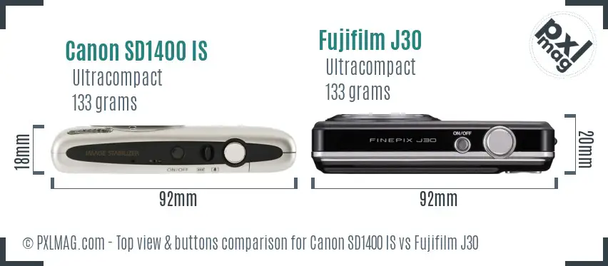Canon SD1400 IS vs Fujifilm J30 top view buttons comparison Canon SD1400 IS vs Fujifilm J30 top view buttons comparison