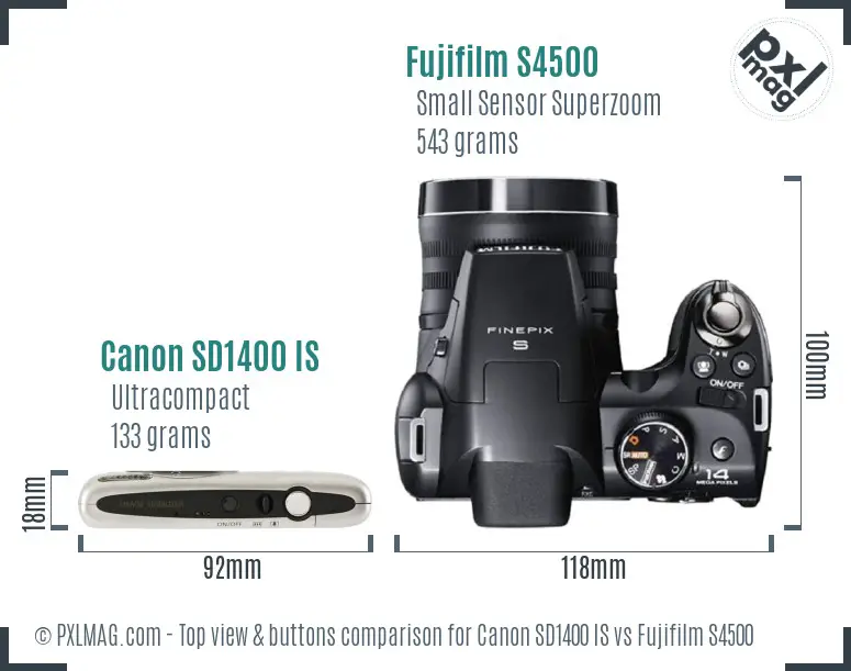 Canon SD1400 IS vs Fujifilm S4500 top view buttons comparison