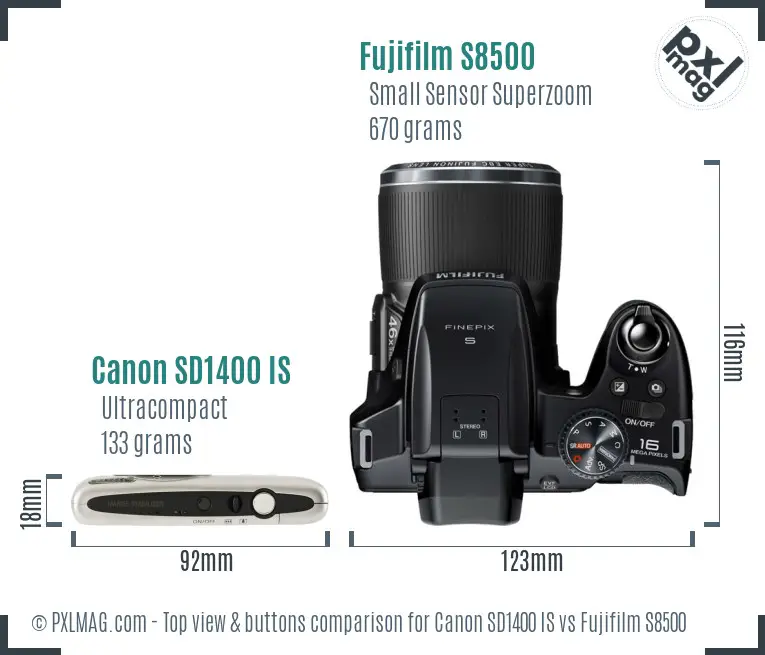 Canon SD1400 IS vs Fujifilm S8500 top view buttons comparison