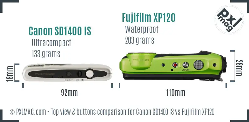 Canon SD1400 IS vs Fujifilm XP120 top view buttons comparison