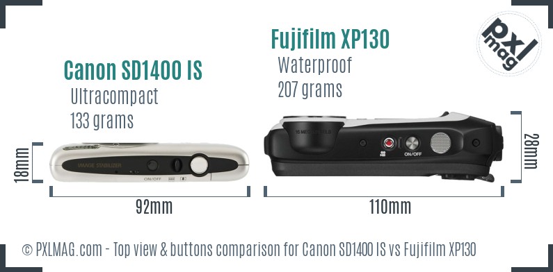 Canon SD1400 IS vs Fujifilm XP130 top view buttons comparison
