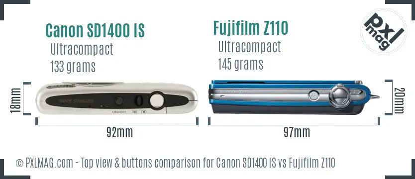 Canon SD1400 IS vs Fujifilm Z110 top view buttons comparison