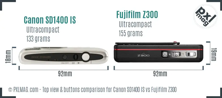 Canon SD1400 IS vs Fujifilm Z300 top view buttons comparison Canon SD1400 IS vs Fujifilm Z300 top view buttons comparison