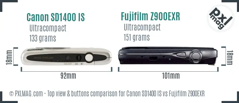 Canon SD1400 IS vs Fujifilm Z900EXR top view buttons comparison