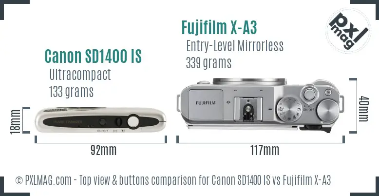 Canon SD1400 IS vs Fujifilm X-A3 top view buttons comparison
