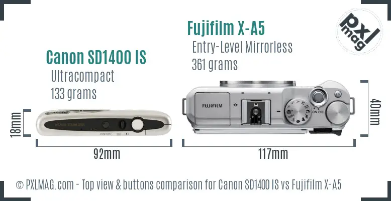 Canon SD1400 IS vs Fujifilm X-A5 top view buttons comparison