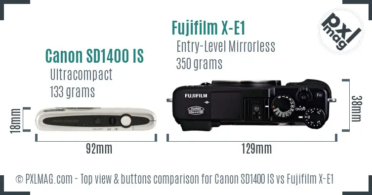 Canon SD1400 IS vs Fujifilm X-E1 top view buttons comparison